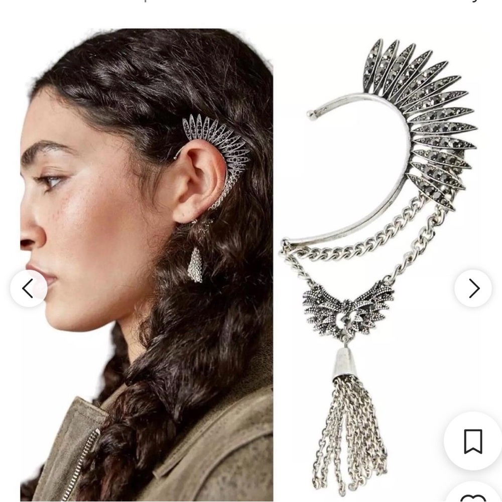 Free People Birds of a Feather Silver Ear Cuff with Chain Detail NWOT